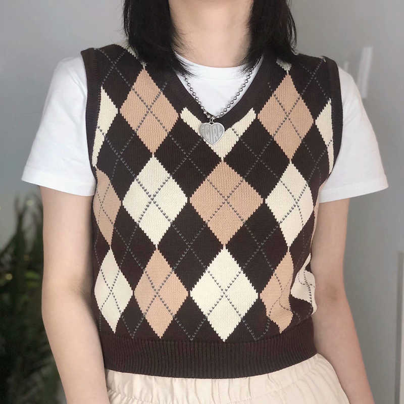 PUWD Slim Girls Bomb Arglye Sweaters Spring-Autumn Fashion Ladies Sweet V-Neck Knitted Vest Vintage Women Chic Knitwear 211014