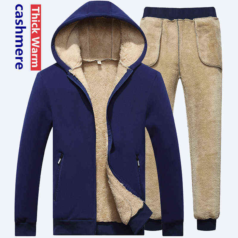 Lamb cashmere Hoodies+Pants 2PCS Winter Thicken Warm Men Sports Suits Tracksuit Hoodie Sportswear Zipper Cashmere hoodie mens 211109