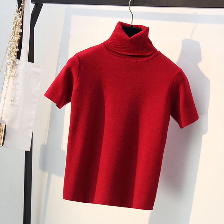 Spring Knitted Tops Women Short Sleeve T shirt Autumn Winter Turtleneck Pullovers T-shirt Tee Shirt Femme Tshirt Knitwear 210406