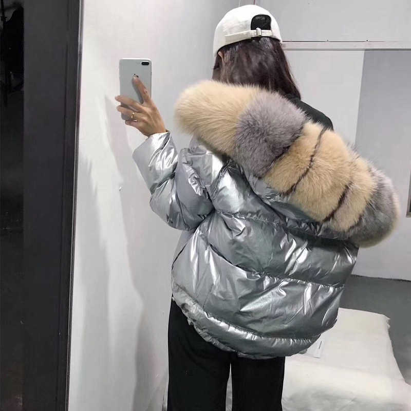FTLZZ Women Double Sided Silver Golden Duck Down Coat Winter Large Fur Collar Waterproof Jacket Hooded Snow Outerwear 211008