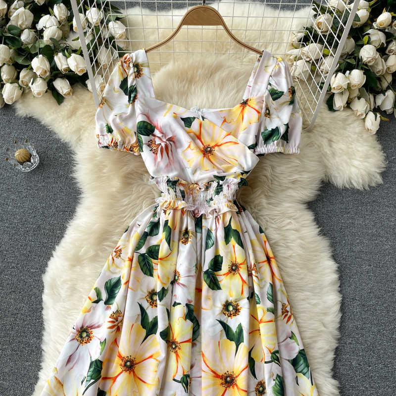 DEAT Women Printing Pleated Midi-long Dress Square Collar Short Sleeve Temperament Fashion Spring Summer 11D609 210709