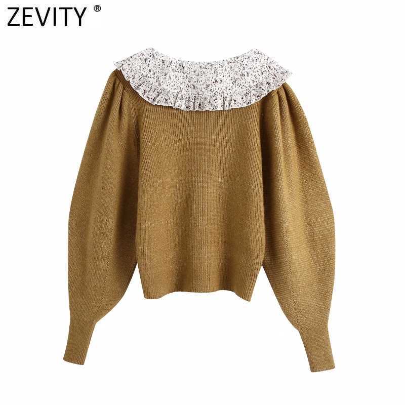 Zevity Women Sweet Print Pleated Agaric Ruffles Patchwork Knitting Sweater Female Lantern Sleeve Casual Chic Pullovers Tops S497 210603
