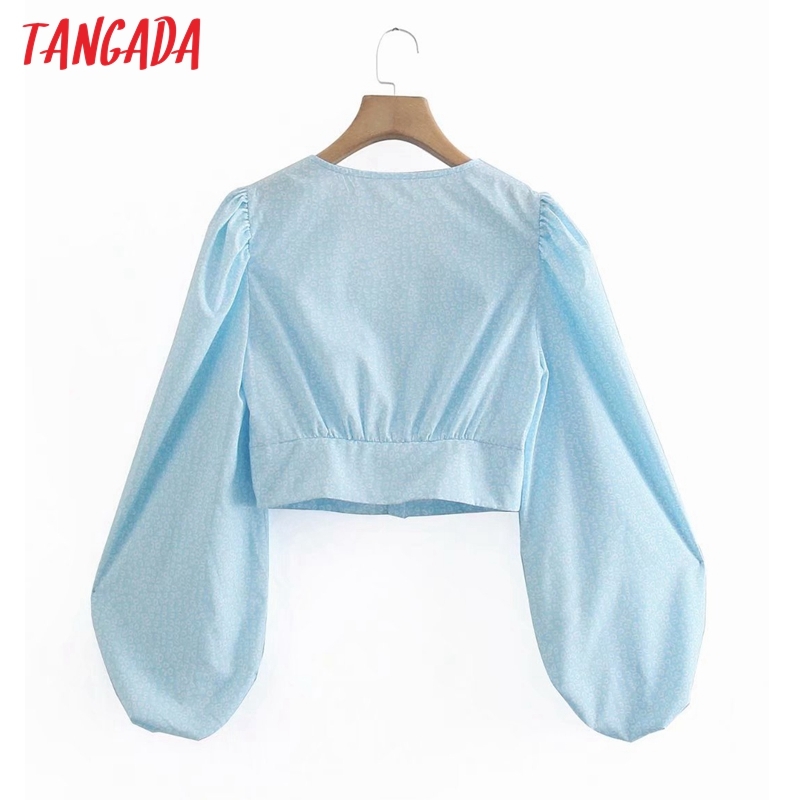 Women Elegant V Neck Floral Print Short Smock Blouse Female Puff Sleeve Shirts Chic Crop Tops XN335 210416
