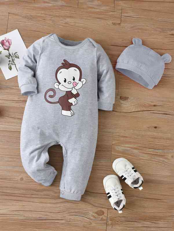 Baby Cartoon Graphic Tee Jumpsuit With Hat SHE