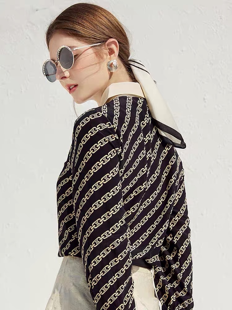 Lisa celebrity style chain printed bow tie office lady blouse shirt women female black turn down collar tops fashion chic 210421