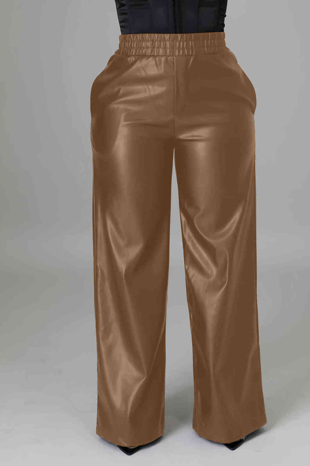 CM.YAYA Women Faux Leather Straight High Waist PU Pants INS Elegant Autumn Winter Solid Wide Leg Black Trousers 211115