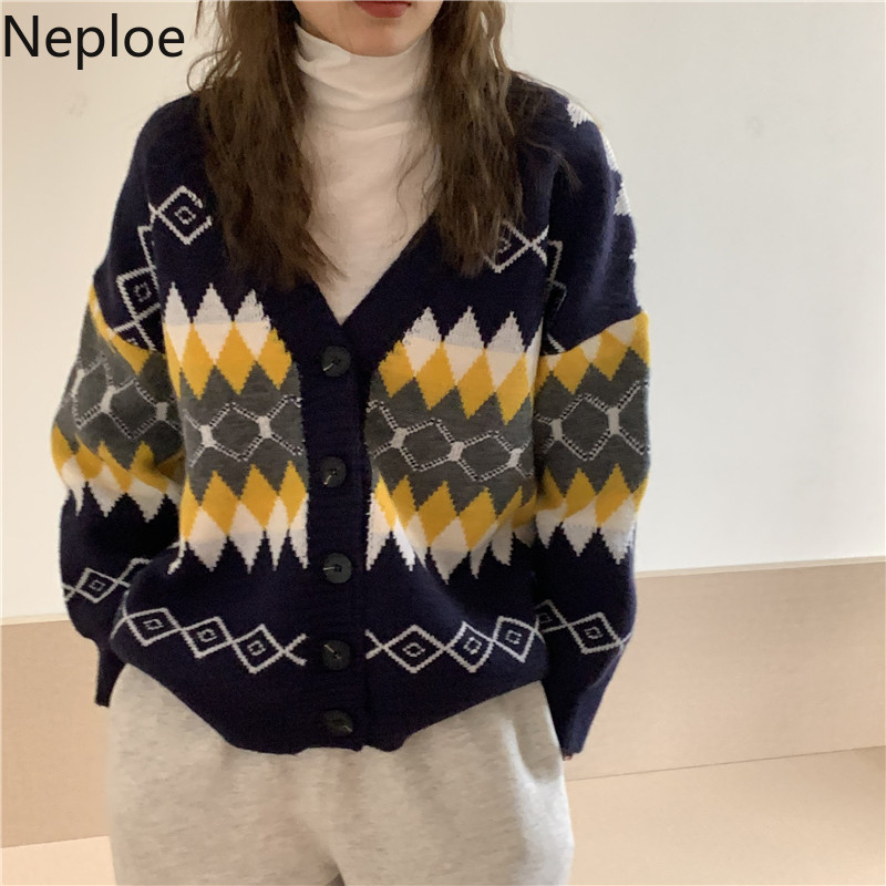 Neploe Knitted Plaid Cardigan Winter Clothes Thicked Knitted Sweater Women Pull Femme Loose Casual Knitwear Sueter Coat 210422