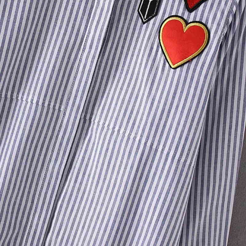 Fashion Women Embroidery Patch Long Sleeve Striped Mini Shirt Dress Casual Lady Loose Clothing D789 210430Z