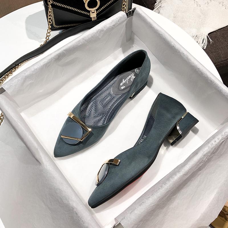 Dress Shoes Large Size Women's Pumps 3CM Square Heels Kid Suede Leather Pointed Toe Lady Fashion Office Work Blue