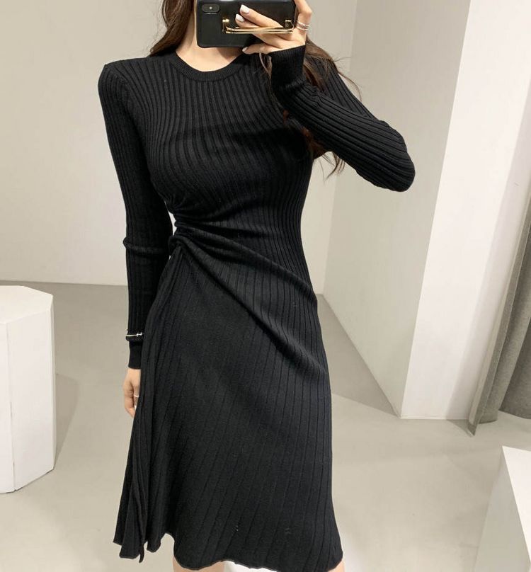 Women Long Sleeve Sweater Dress Drawstring Casual Autumn Winter O-Neck A Line Knitted Vestido Da Festa 210520