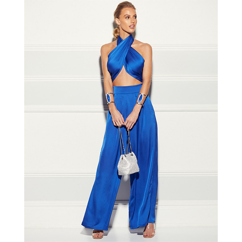 Women Set Top Pants Sets Sleeveless Bandage Sexy Short Tops High Waist Wide Leg Summer Woman 210524