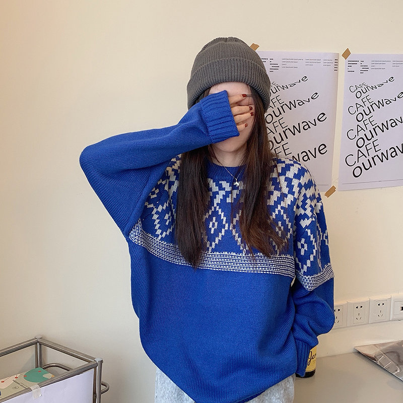 Blue Color-Hit Patchwork Chic Gentle Thicken Christmas Fashion Streetwear Outwear Knitted Vintage Sweaters 210421