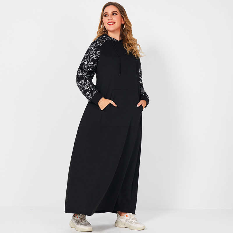 Product Ladies Fashion Casual Silver Letter Printing Long-sleeve Stitching Hooded Long Loose Large Size Sweater Sports Dress 210630