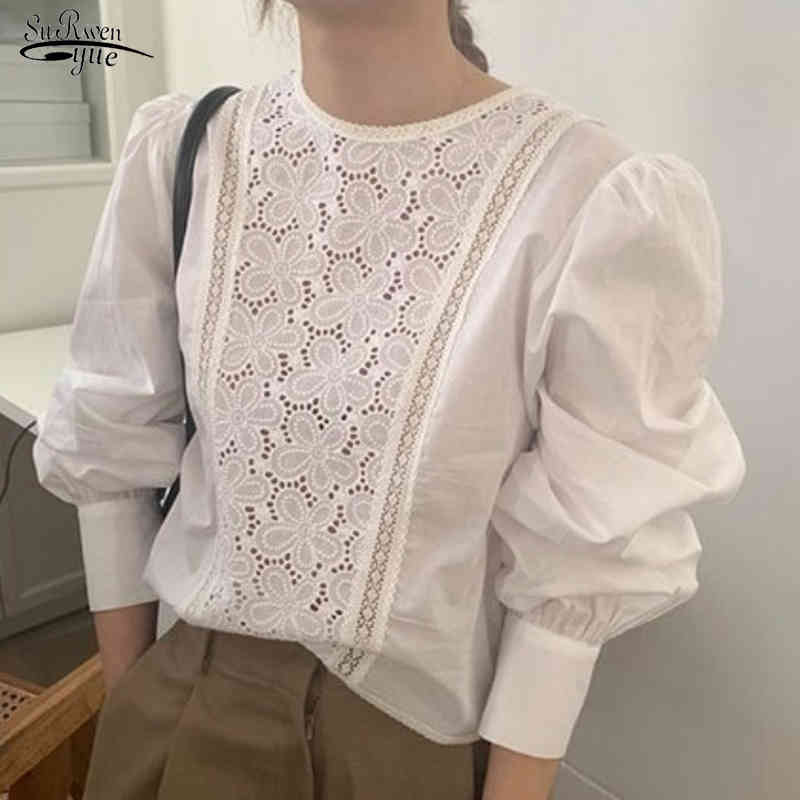 Fashion Hollow Out Lantern Sleeve Female Shirt Office O Neck Floral Women Blouse Spring White Shirts Clothing 13271 210508