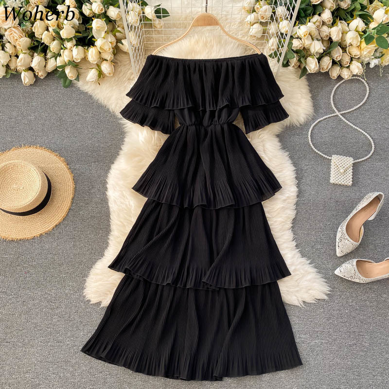 Summer Dress Women Robe Femme Off Shoulder Elegant Cake Dresses Slim Waist Korean Beach Style Solid Vestidos Mujer 210519