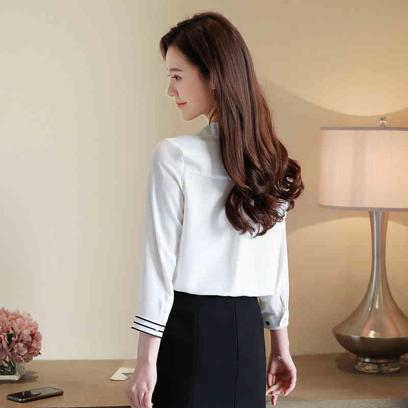 Spring Long Sleeve V-neck Elegant Chiffon Shirt Lace-up Polka Dot Women Tunic Ladies' Tops 8580 50 210427