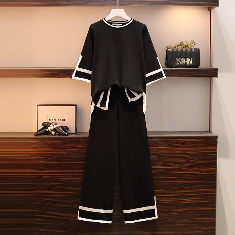 Fashion Spring Knitted Two Piece Set Women's Plus Size Pullovers Tops + High Waist Split Wide-Leg Pants Suits 210520