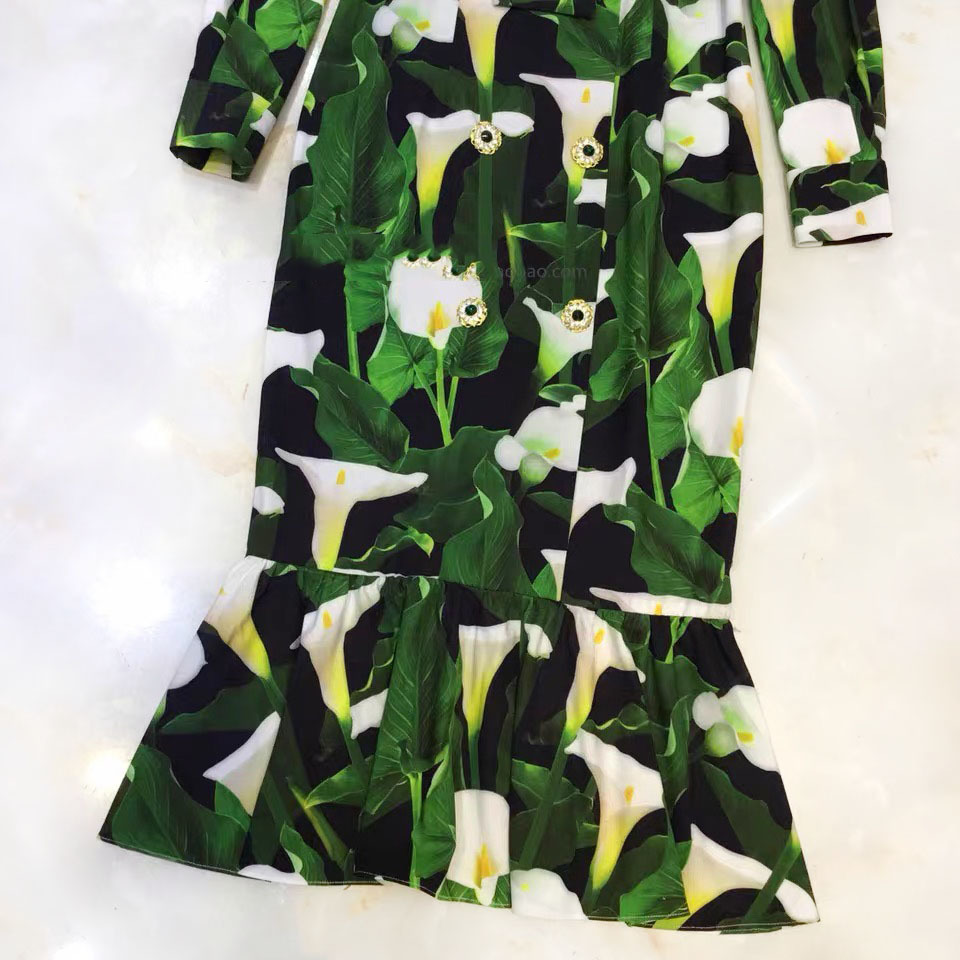 vintageslim bodycon green flower printed crystal buttons double breasted mini ruffles bow collar dress party women robe 210421