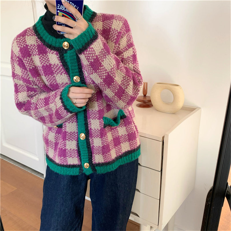 Color-Hit Vintage Girls Retro Autumn Chic All-Match Regular High Street Loose Cardigans Casual Knitted Sweaters 210421