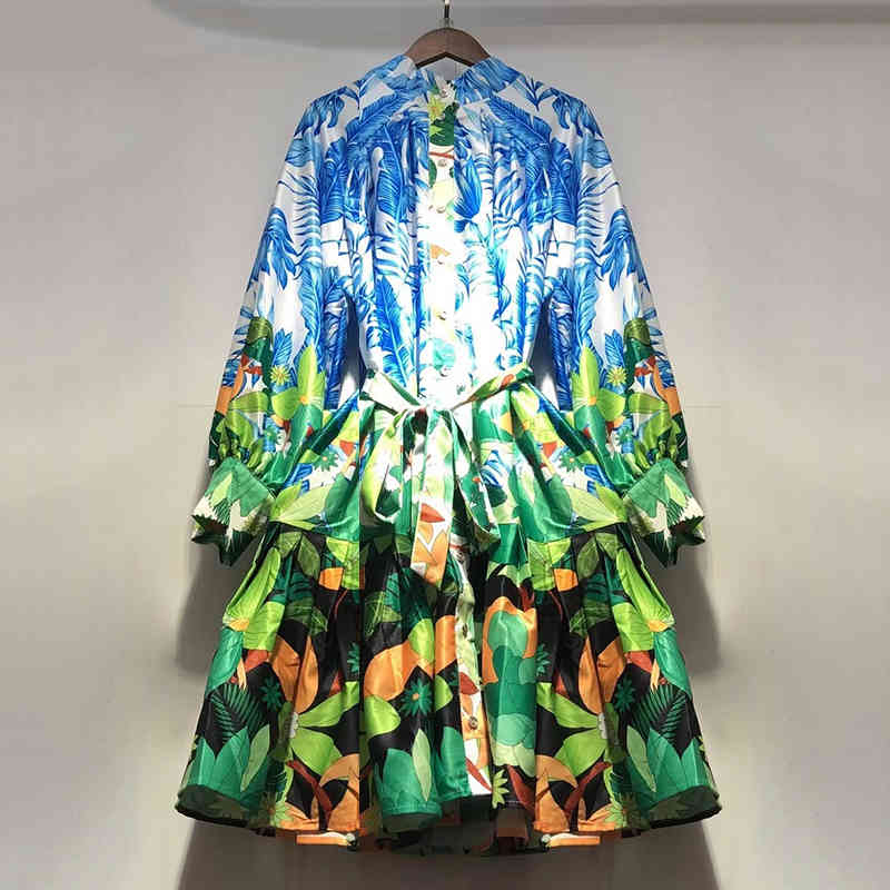 VGH Print Patchwork Ruffle Dress For Women Stand Collar Long Sleeve High Waist Lace Up Vintage Dresses Female Fashion Clothes 210421