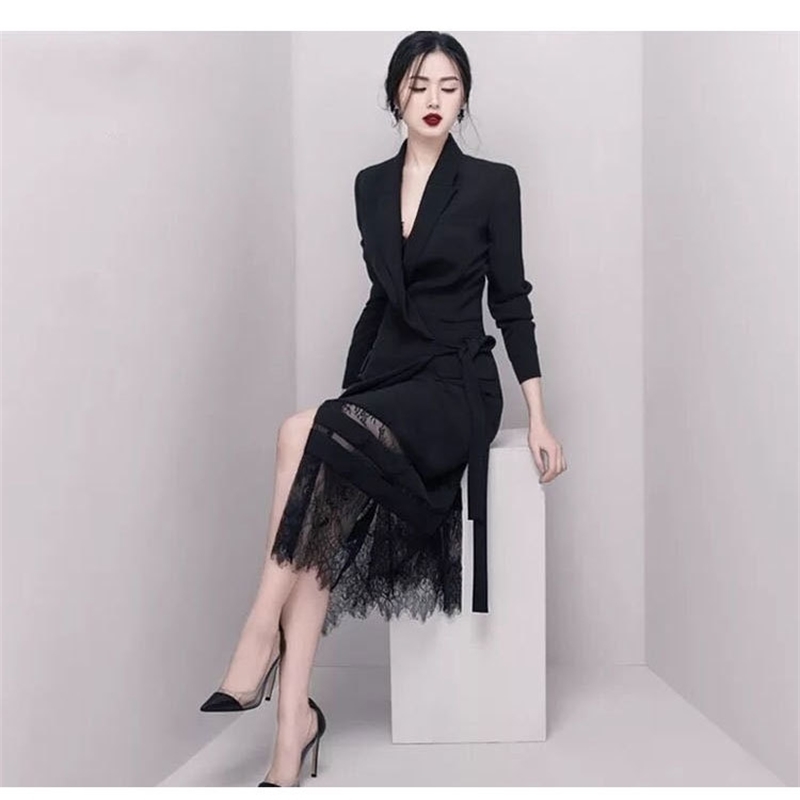 Spring High Quality Lace Up Blazer Patchwork Lace Dress Women Fashion Long Sleeve Hollow Out Empire Mid Dresses 210515