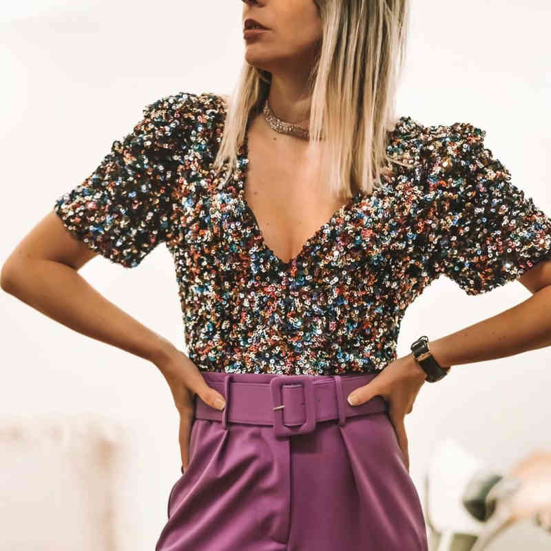 Sexy Woman Colorful Sequined V Neck Tops Spring Summer Fashion Ladies Shiny Club T-Shirt Female Chic Blingbling Top 210515