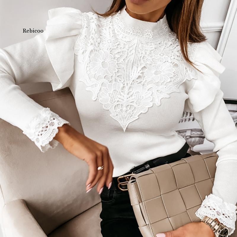 Women Autumn Solid Lace Patchwork Blouse Shirt Office Ladies Long Butterfly Sleeve Pullover Tops Casual O Neck Female Slim Blusa Women's Blo