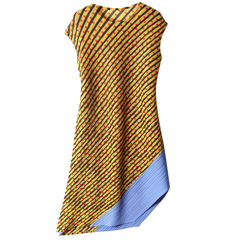 Summer Fashion Pleated Dresses For Women Hit Color Striped Patchwork Irregular Wave Short Sleeve Clothes YH926 210526