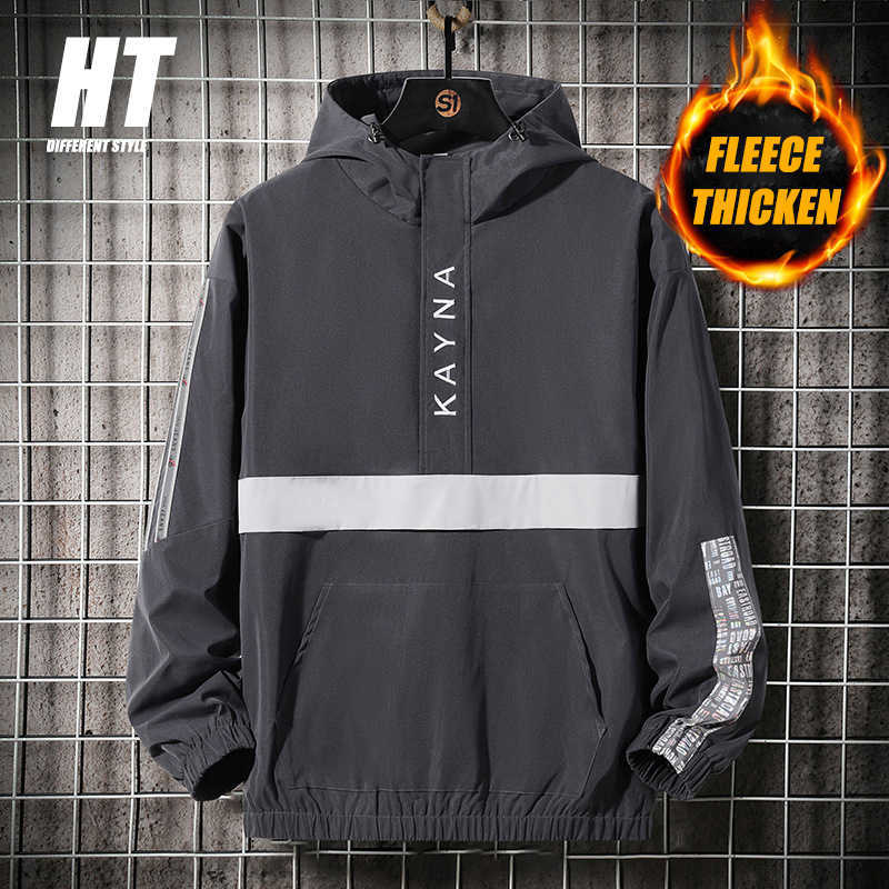 Winter Hooded Half Zipper Jacket Men Patchwork Streetwear Reflective Cargo Bomber Jacket Fashion Hoodie Men Fleece Thick Coat 210603
