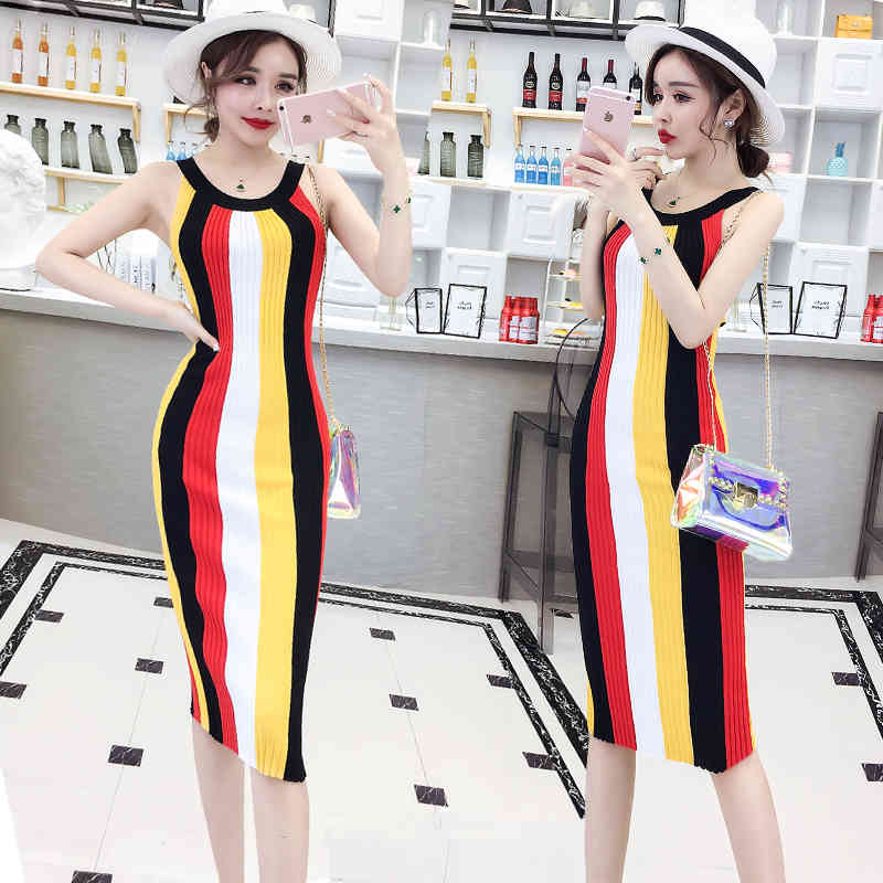 Dresses Women Summer Sleeveless Sexy Pencil Dress Halter Stretch Striped Spring Tank Vestidos Bodycon Knitted Sweater C66 210331