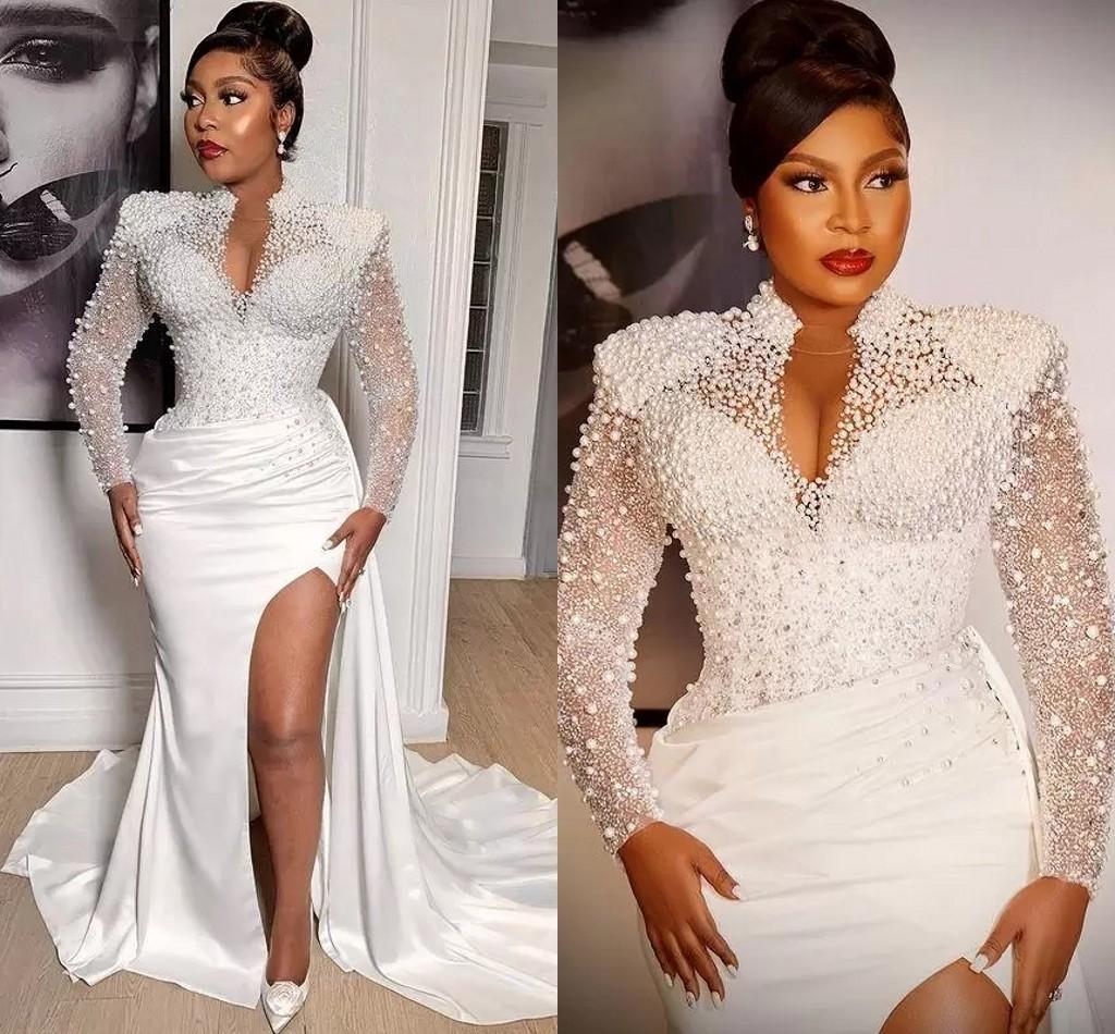 Pearls Beading Mermaid Wedding Gowns High Collar V Neck Arabic Aso Ebi Long Sleeves Bridal Dress Plus Size Sexy Side Slit Satin Vestidos De Novia