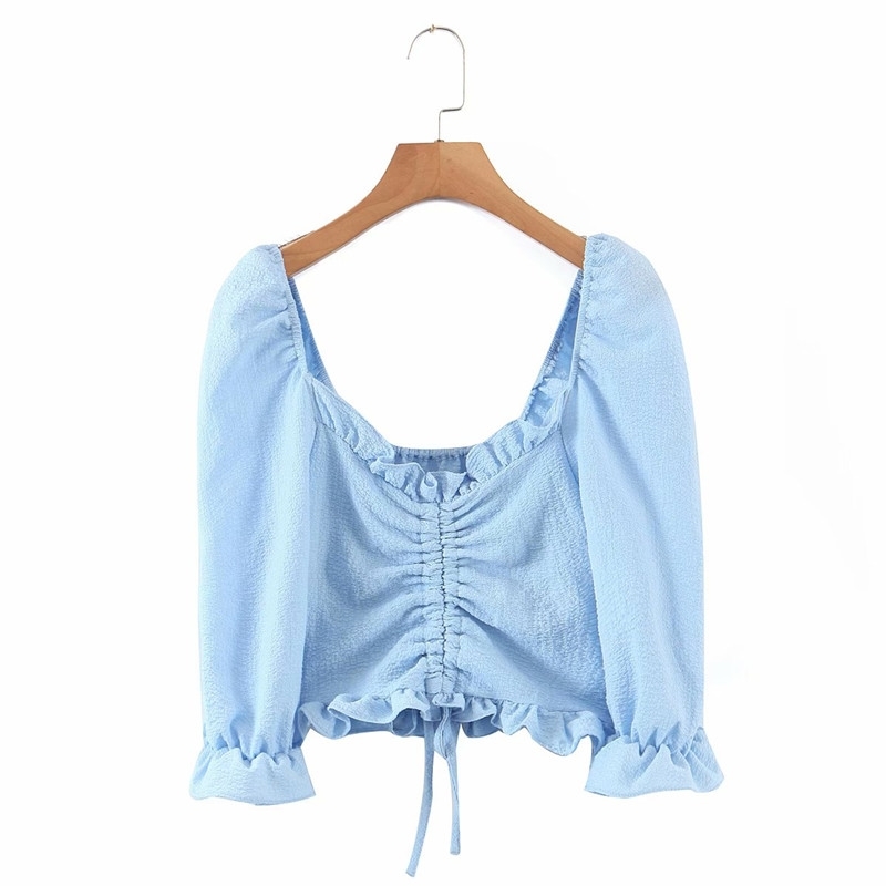 Sweet Women O Neck Shirring Blouse Spring-autumn Fashion Ladies High Street Shirt Female Elastic Drawstring Crop Top 210430