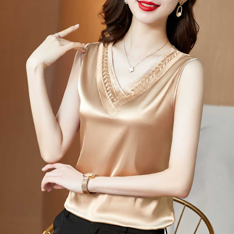 Summer Silk Tank Top Women Korean Fashion Satin Office Lady Lace Solid Plus Size XXXL/5XL Black Clothing for 210531