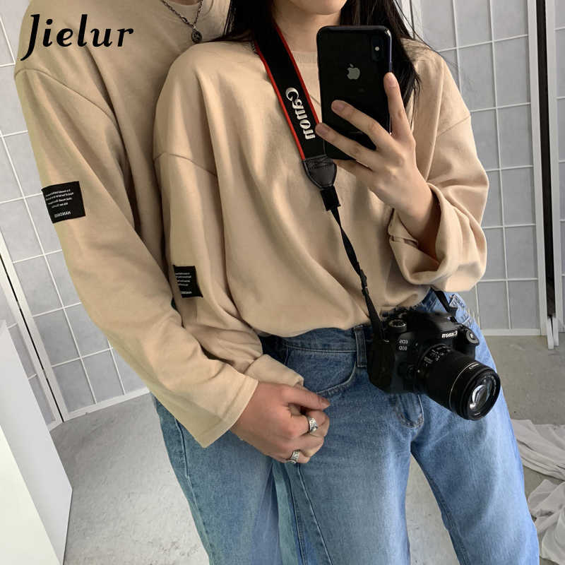 Jielur Korean Style Fashion Long Sleeve T-shirt Women Harajuku BF T-shirts Spring Loose Couple Tees White Top Hipster Clothing 210720