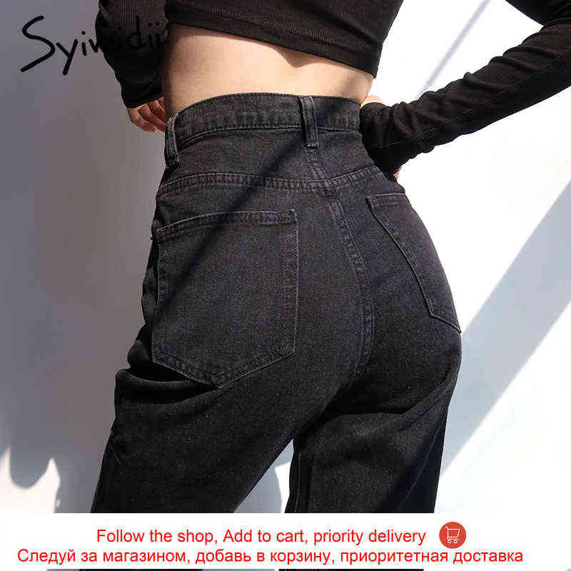Syiwidii Women Jeans Black Flare Pants Front Side Slit Leg Fall High Waisted Bell Bottom Jeans Full Length Denim Clothes 211112