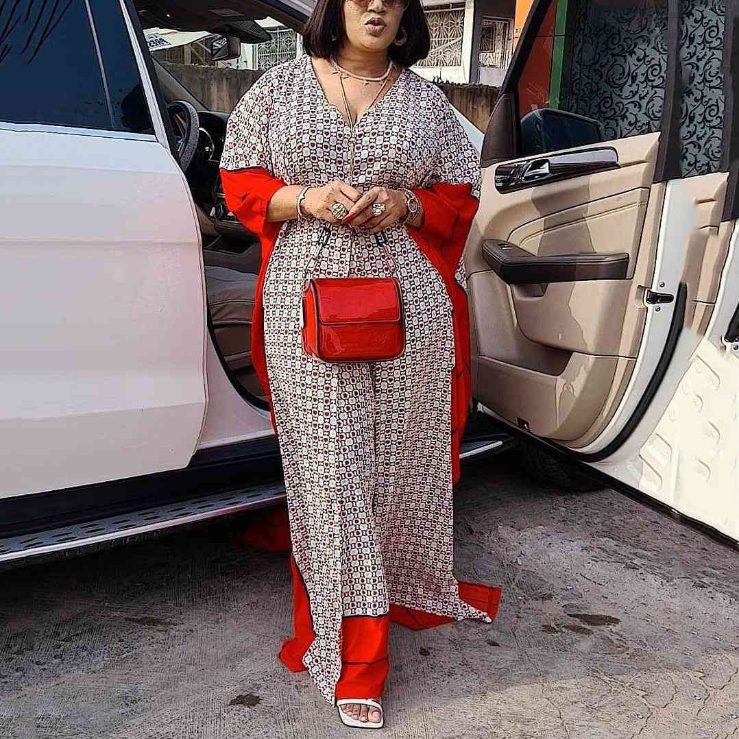 African Ladies 2 Pieces Sets Long Blouse & Wide Leg Pants Geometric Print High Waist Fashion Elegant Evening Party Matching 210510
