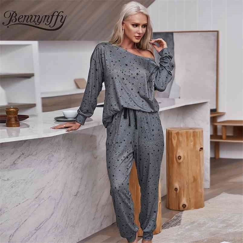 Star Print Casual Women Two Piece Set Spring Autumn Long Sleeve T-shirt and Drawstring Waist Pants 2 PJ Sets 210510