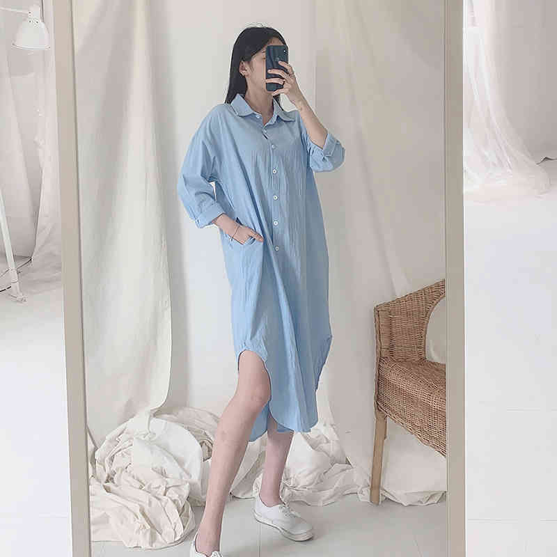 Korean Clothes Summer Wild Loose Plus Size BF Style Mid-Length Over The Knee Women's Shirt Lazy Solid Color 9654 210518