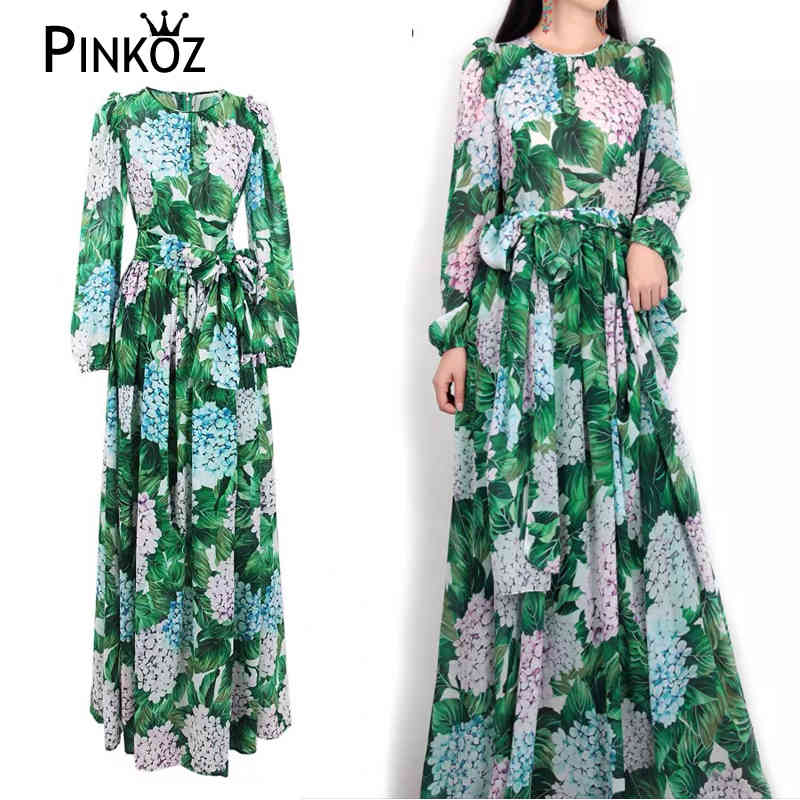 Spring Runway Maxi Dress Women's Long Sleeve Casual Bohemian Party Holiday Green Leaves Floral Printed 210421