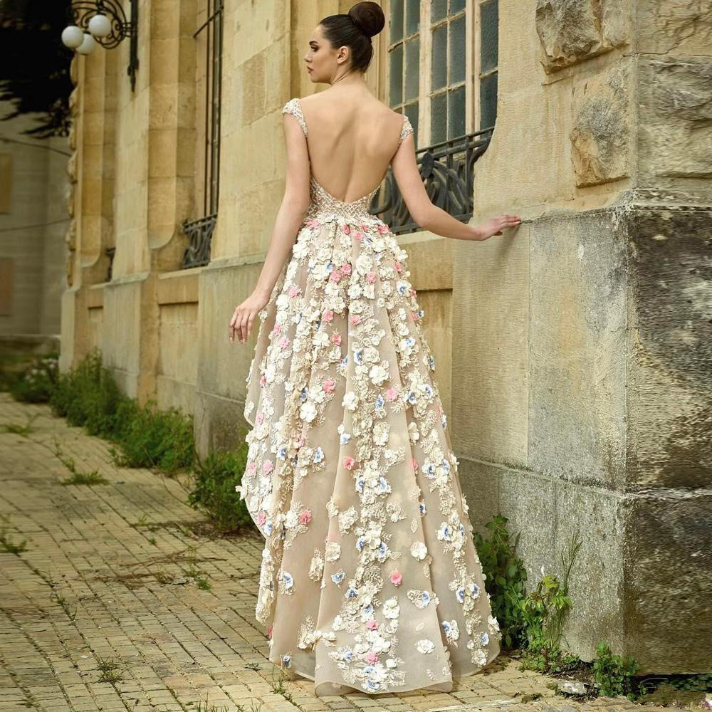 Chic Evening Dress High Low Sheer Back Formal Prom Gown 3D Flower Appliqued Beads Ruched Organza Women Special Occasion Wear Robe De Soiree