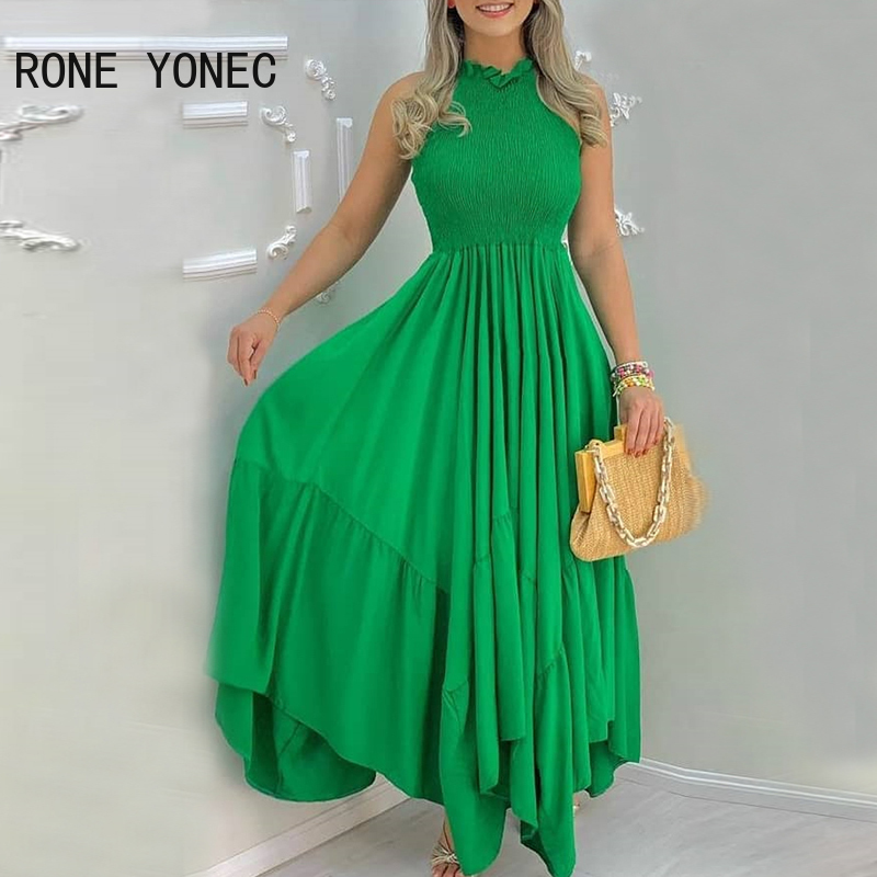 Women Elegant Dress Plain Sleeveless Ruched Maxi Pleated Dress Summer Dress 210409