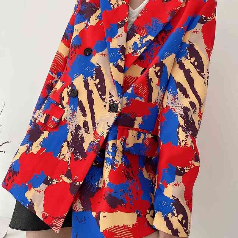 fashion women scrawl print blazer office ladies pocket jackets casual female double breasted suits girls chic sets 210430