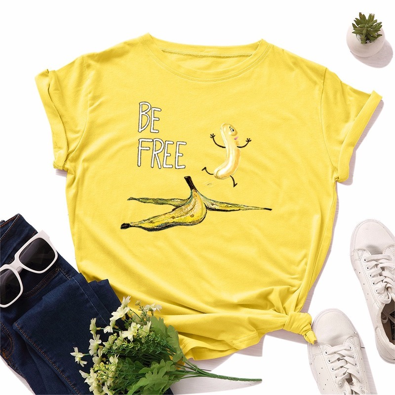JCGO Summer Cotton Women T Shirt S-5XL Plus Size Short Sleeve Funny Free Banana Print Tee Shirt Tops Casual O-Neck Female TShirt 210406