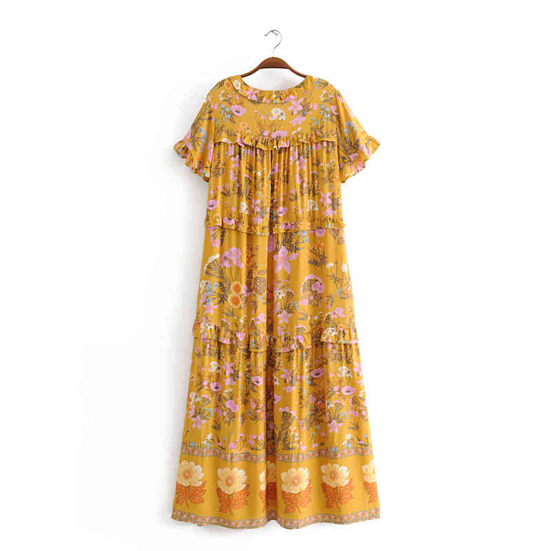 beauty Bohemian Beautiful Floral Print Maxi Dress Women Holiday Fashion Ruffles Loose Dresses Female Vestido De Moda 210514