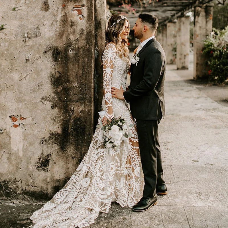 Bohemian Lace Wedding Dresses Bridal Gowns Long Sleeve Low Backless Chic Noivas Boho Rue de Soriee