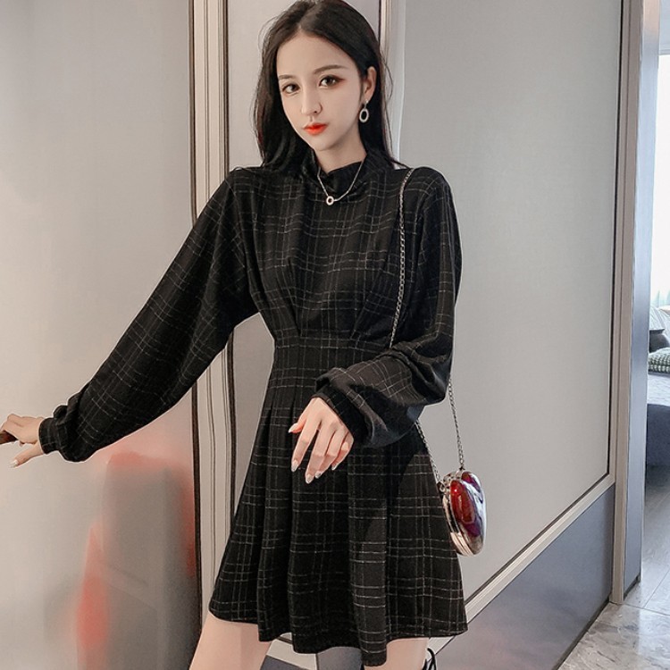 Spring Autumn Women Fashion Long Sleeve Plaid Stand Collar Female Retro High Waist Ruched Mini Dress 210518