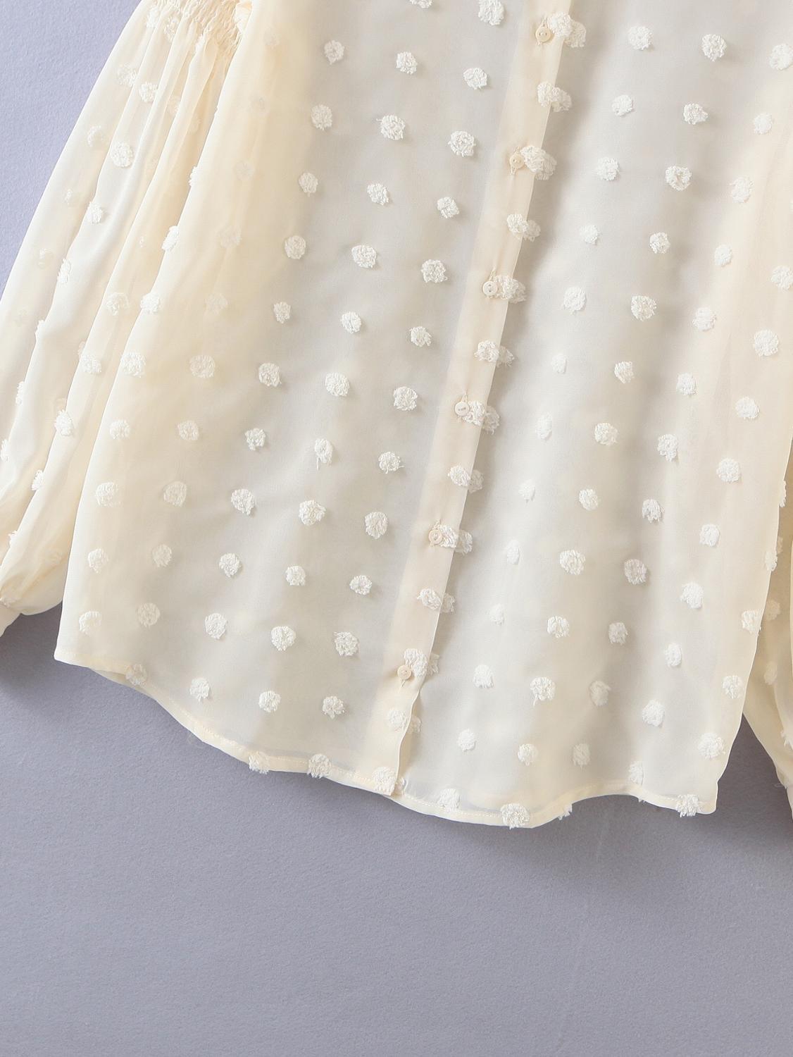 Romantic See through 3D Dot Chiffon Shirt Beige Retro Woman Stitching Elastic Lantern Long sleeve Blouse Sweet Tops Blousas 210429