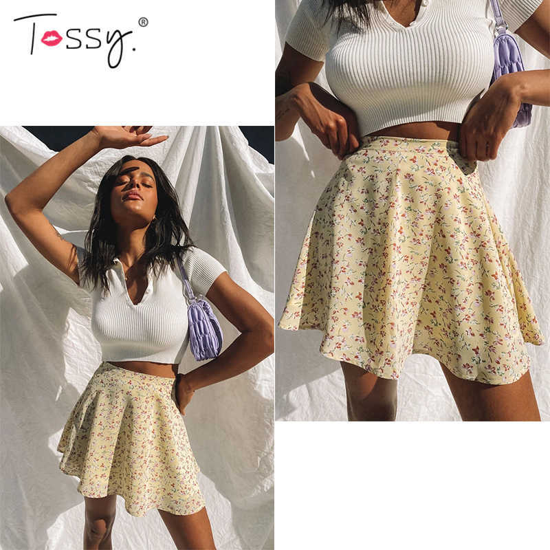 Tossy Boho Floral Print Party Skirt Summer High Waist Pleated Short Beach Sexy Frills Mini s For Women 210619