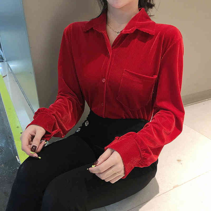 Corduroy Blouses Spring Fall Women Turn-Down Collar Single-Breasted Vintage Tops Long Sleeve Red Shirts 210519