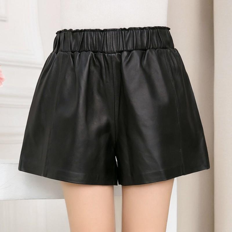 High Quality Women Elastic Waist Wide Leg Short Pants 8 Colors Casual Streetwear Shorts Slim Fit Sheepskin Real Leather Women's